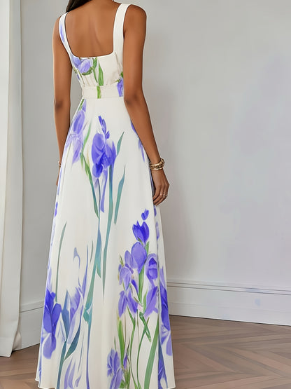 Elegant Women's Floral Print Square Neck A-Line Loose Fit Midi Dress, Suitable for Outings in Spring and Summer, Exquisite