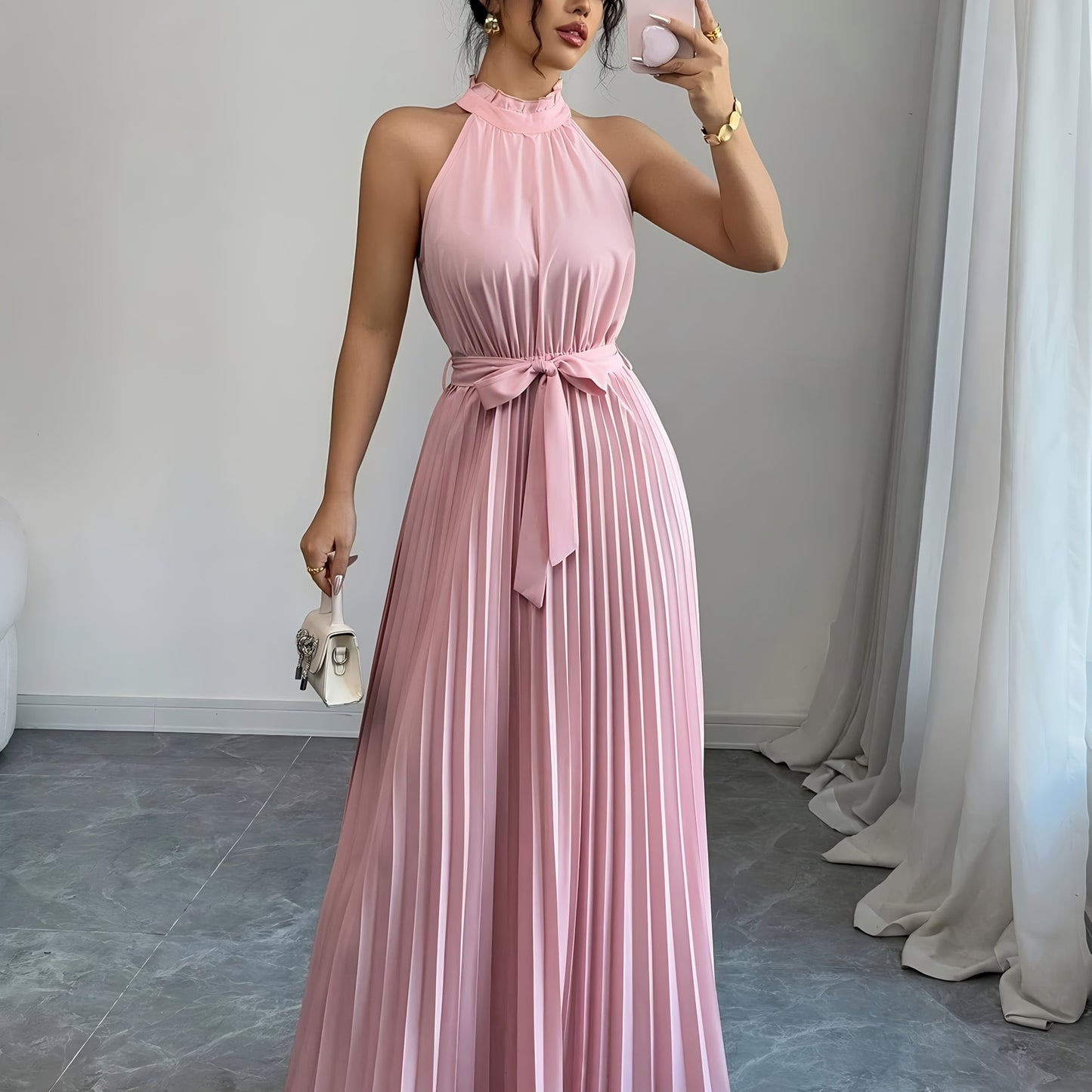 YY0328347, Women's Romantic Elegant A-Line Dress, Sleeveless Pleated Waist-cinching Long Dress