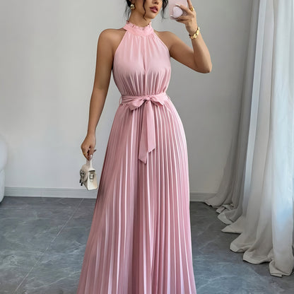 YY0328347, Women's Romantic Elegant A-Line Dress, Sleeveless Pleated Waist-cinching Long Dress