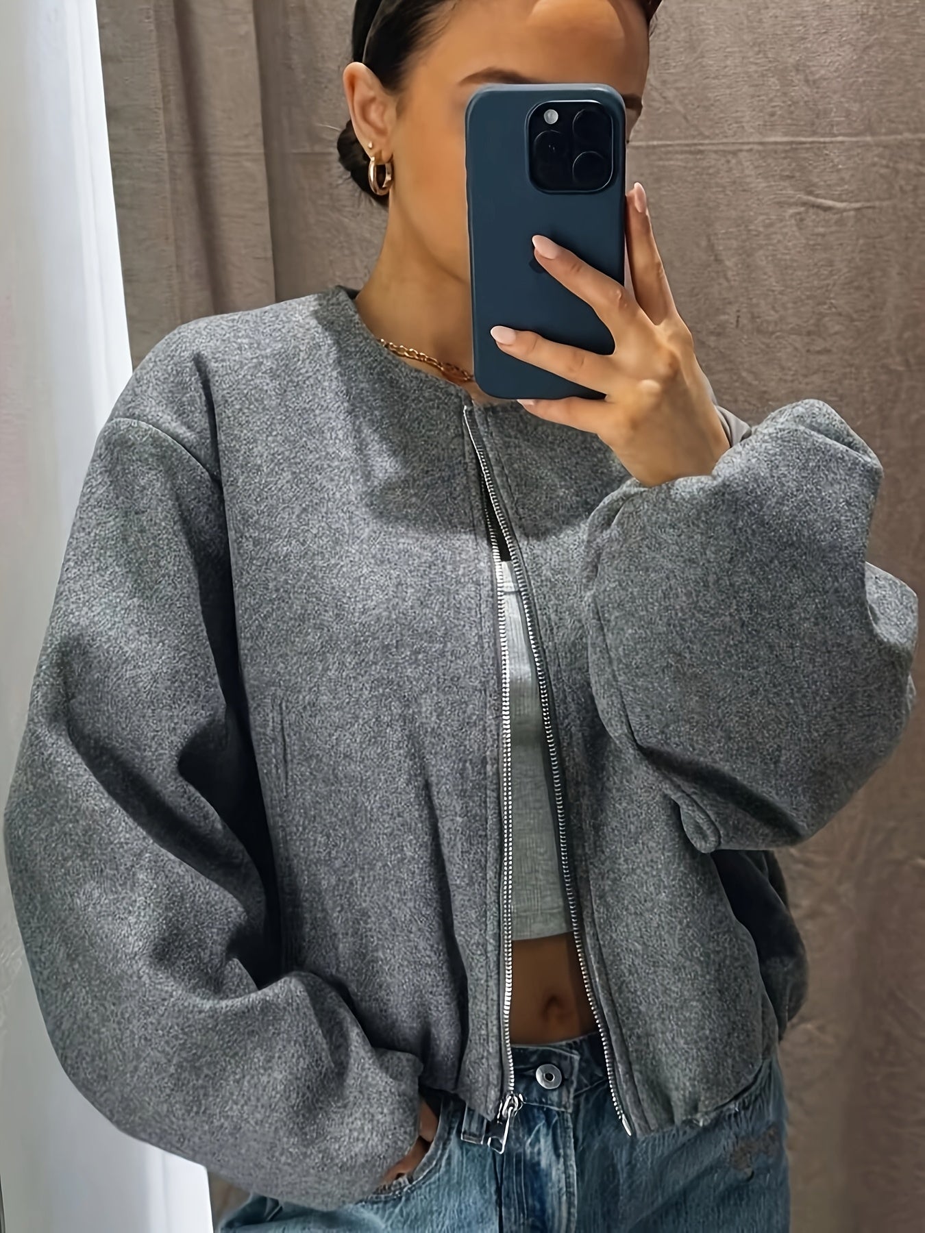 High-Quality Spring/Autumn New Arrival European/American Style Soft Pilot Collar Zipper Cropped Solid Color Jacket Top for Women