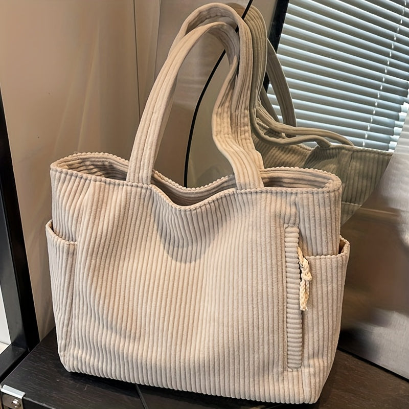 Corduroy Tote Bag for Women Multi Pocket Shoulder Bag for Commute Shopping Travel