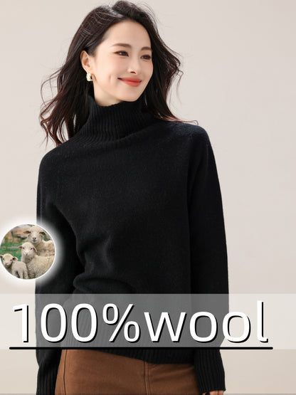100% Wool Seamless High Neck Sweater - Loose Fit Sleeve Pullover with Micro-Stretch, Solid Color Top for Autumn Winter, Middle Eastern-Inspired Casual Chic Style