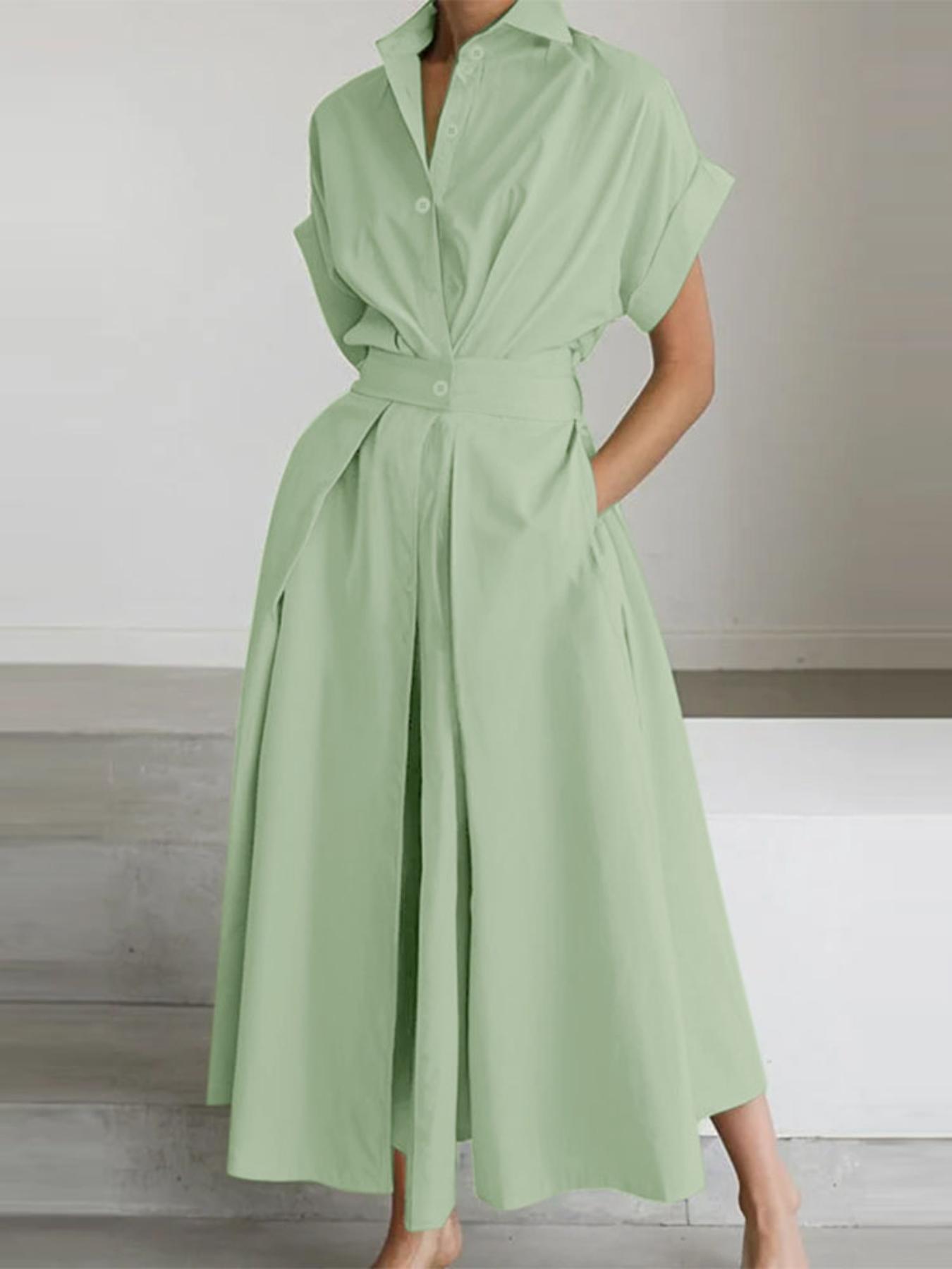 Women'S OL Style Solid Color Lapel Short Sleeve Front Buttons Up Waist Swing Street Style Easy All-Match Lightweight Casual Shirt Dress