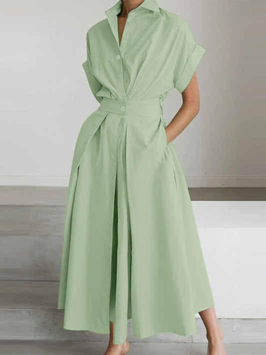 Maxi Shirt Dress for Women – Button Front, Lapel Collar, Short Sleeves and Tie Waist