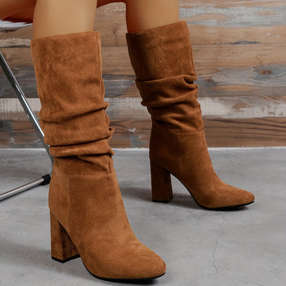 Ankle Boots for Women High Heel Round Toe Slip On Boots for Autumn Winter Outfits