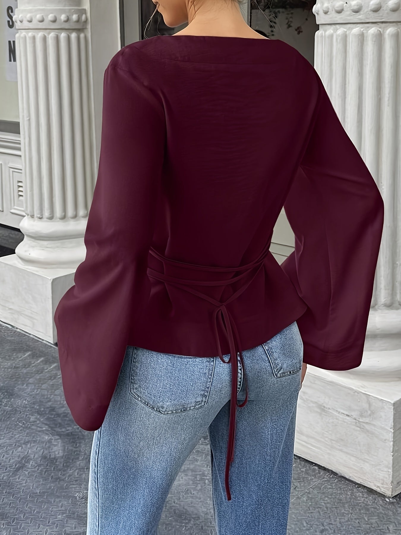 White Blouse for Women Back Tie Flared Sleeve Lightweight Shirt for Office Dinner Summer