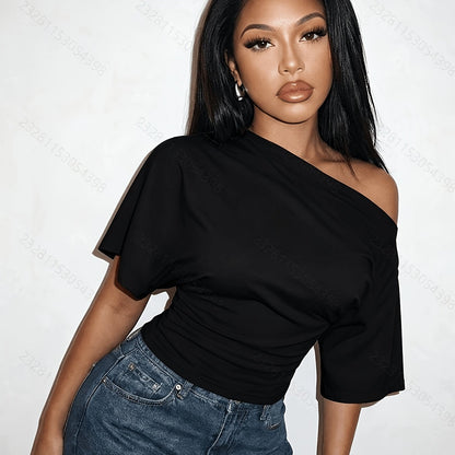 Off Shoulder Top for Women Short Sleeve Fitted Summer Top for Daywear Dinner Casual