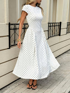 New Summer Women's White Polka Dot Short Sleeve Round Neck Midi Dress