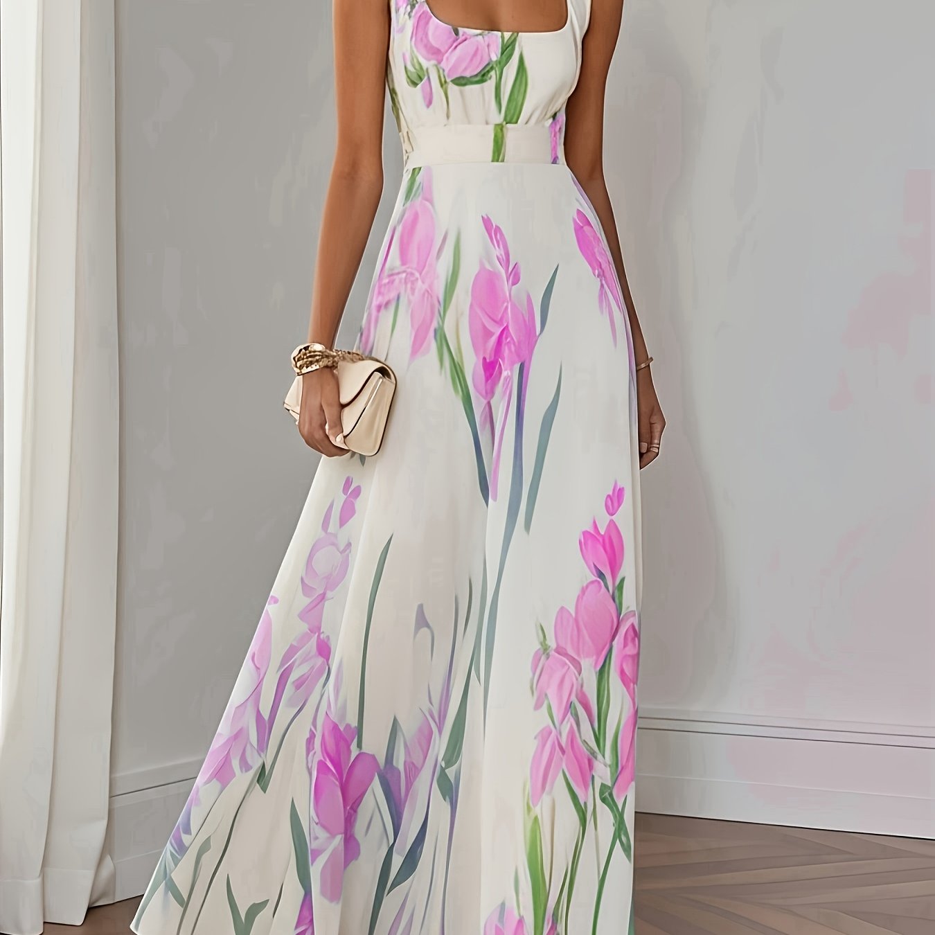 Elegant Women's Floral Print Square Neck A-Line Loose Fit Midi Dress, Suitable for Outings in Spring and Summer, Exquisite