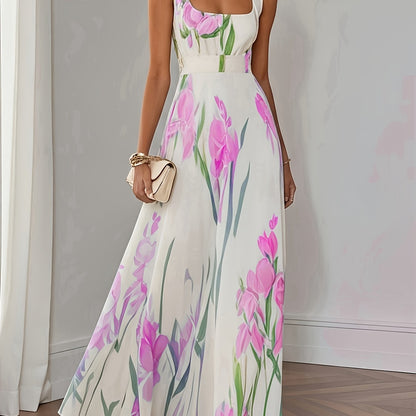 Elegant Women's Floral Print Square Neck A-Line Loose Fit Midi Dress, Suitable for Outings in Spring and Summer, Exquisite