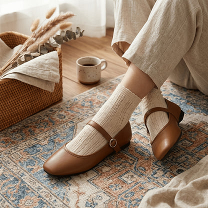 Mary Jane Shoes for Women Square Toe Ankle Strap Flats for Office Everyday