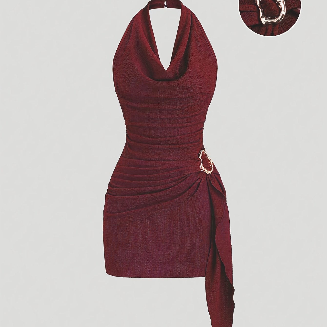 Party Dress for Women Draped Neckline Asymmetric Ruffle Dress with Metal Buckle