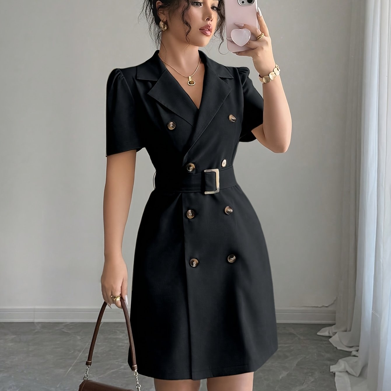Suit Jacket with Belt at The Waist And Double-Breasted Breeze Sleeve Dress