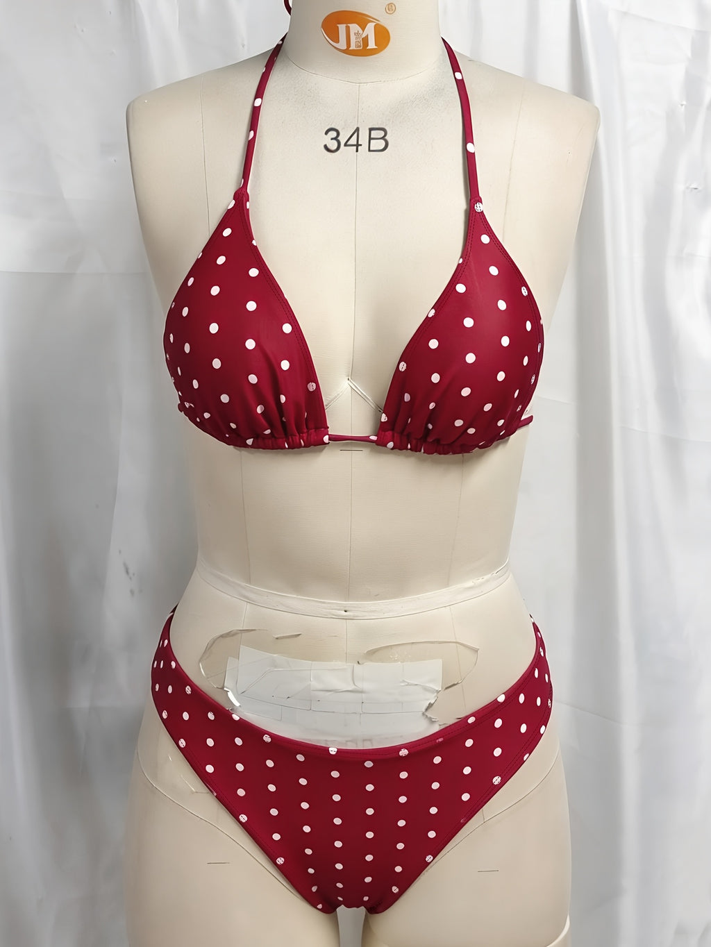 [Basic Design Bikini] Basic Design Bikini Set - Brown and White Polka Dot Triangle Top with Adjustable Ties, Low-Waist Bottoms - Simple Vacation Swimwear