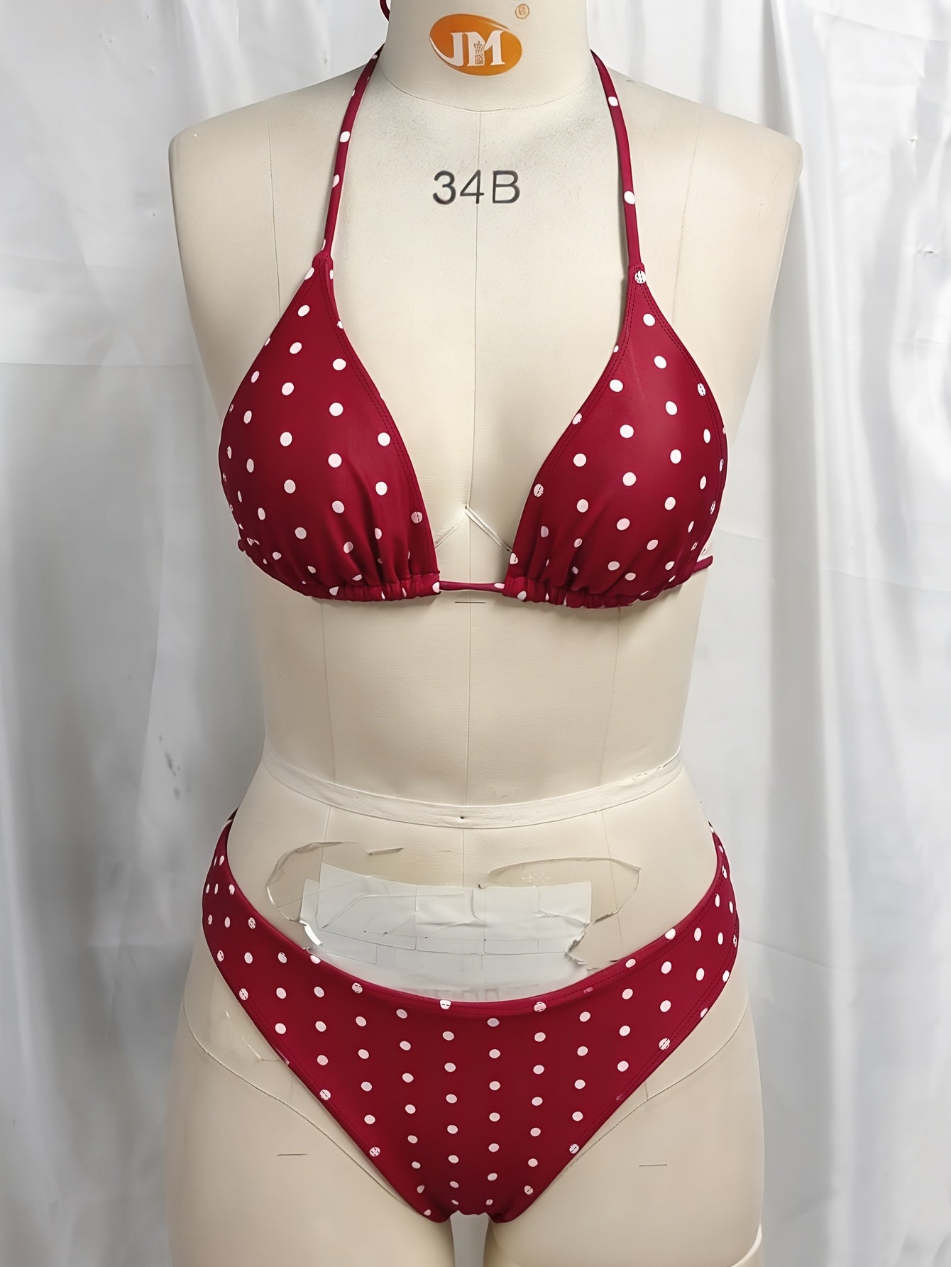 [Basic Design Bikini] Basic Design Bikini Set - Brown and White Polka Dot Triangle Top with Adjustable Ties, Low-Waist Bottoms - Simple Vacation Swimwear