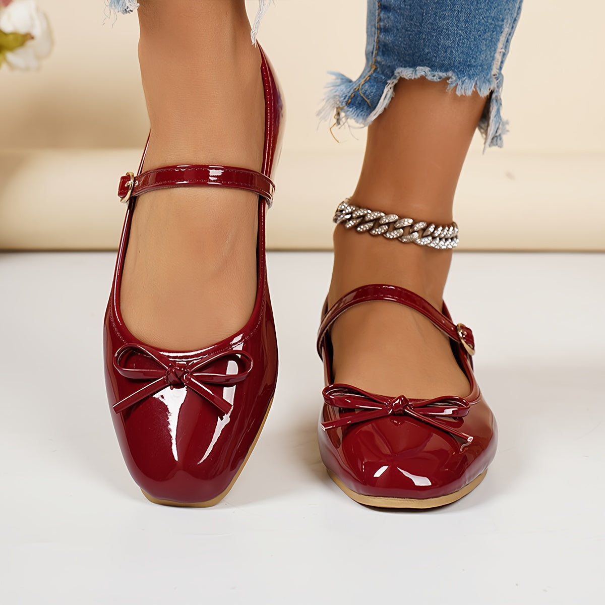 Mary Jane Shoes for Women Wine Red Bow Strap Flat Shoes for Office Daywear Outfits
