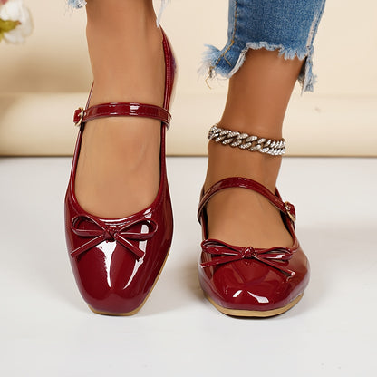 Mary Jane Shoes for Women Wine Red Bow Strap Flat Shoes for Office Daywear Outfits