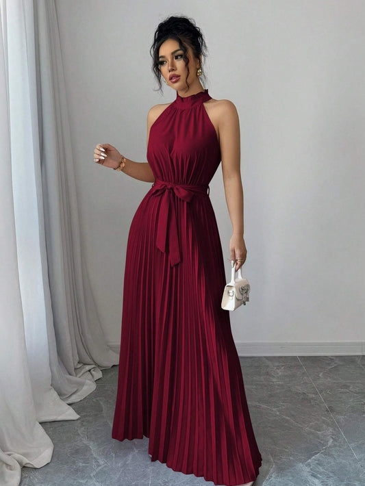Elegant Maxi Sundress for Women – Halter Neck, Sleeveless Pleated Skirt, Belted Fit and Flare