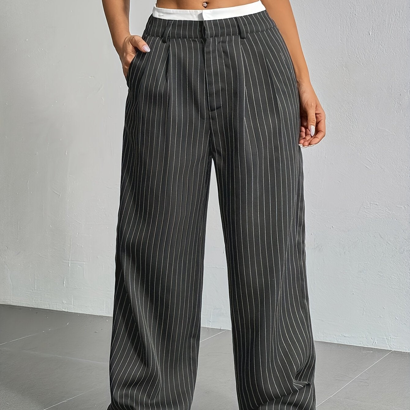 Early Autumn New Striped High-Waist Contrast Button-Closure Wide-Leg Suit Women'S Long Trousers