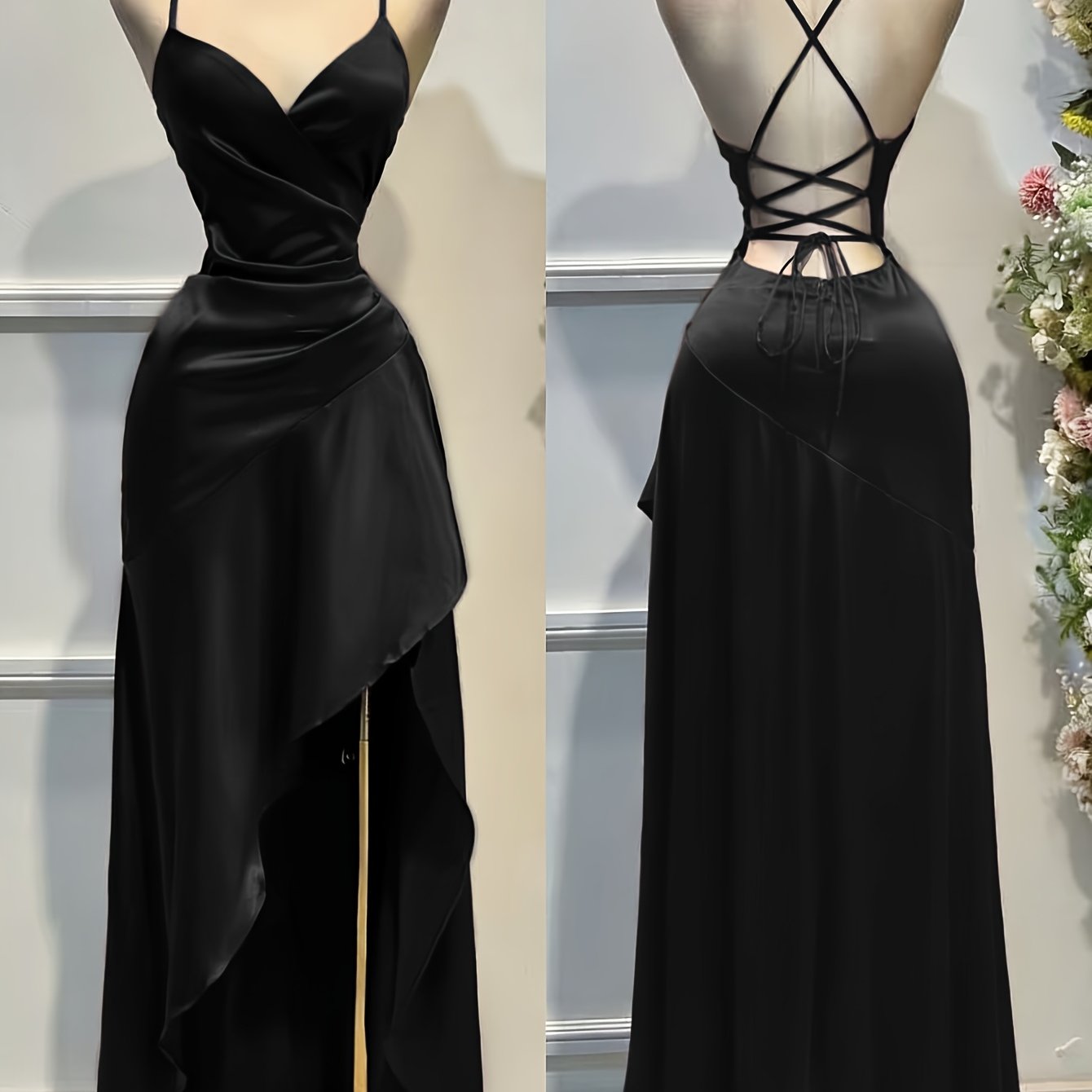 Satin Dress for Women Spaghetti Strap Ruched Open Back Party Wedding Guest Dress