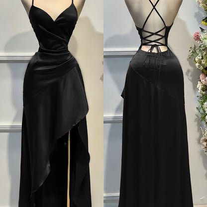 Satin Dress for Women Spaghetti Strap Ruched Open Back Party Wedding Guest Dress