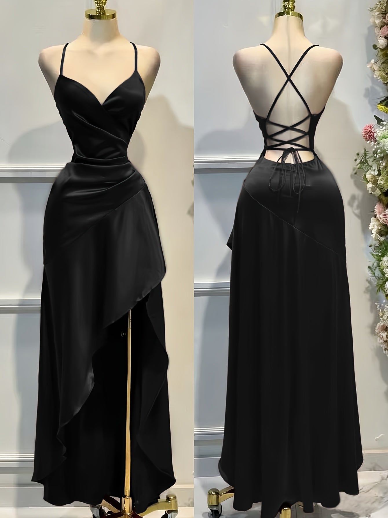 Satin Dress for Women Spaghetti Strap Ruched Open Back Party Wedding Guest Dress