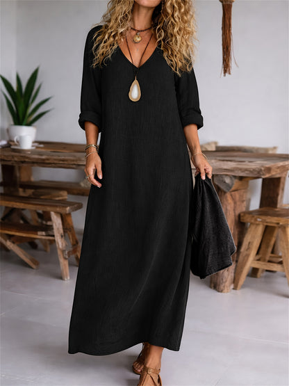 Casual Long Sleeve Dress for Women – V-Neck, Loose Fit and Solid Colour