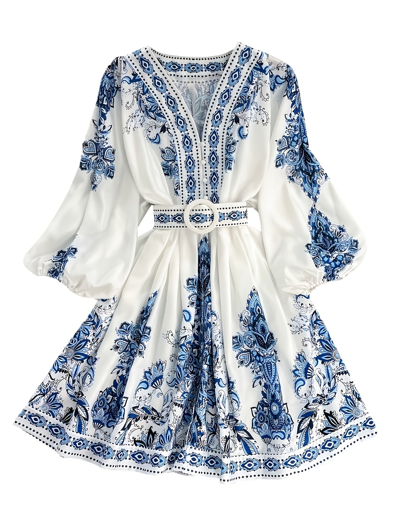 Women's Vintage Palace-Inspired Floral Print A-Line Dress with Lantern Sleeves & Adjustable Waist Tie - V-Neck Long Sleeve Loose Fit Maxi Dress for Spring/Fall, Machine Washable, Cute Dresses