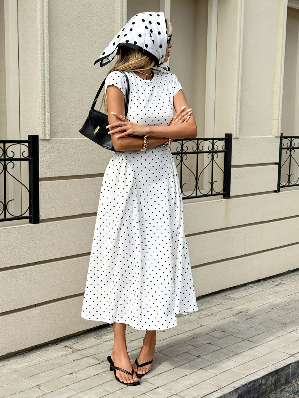 New Summer Women's White Polka Dot Short Sleeve Round Neck Midi Dress