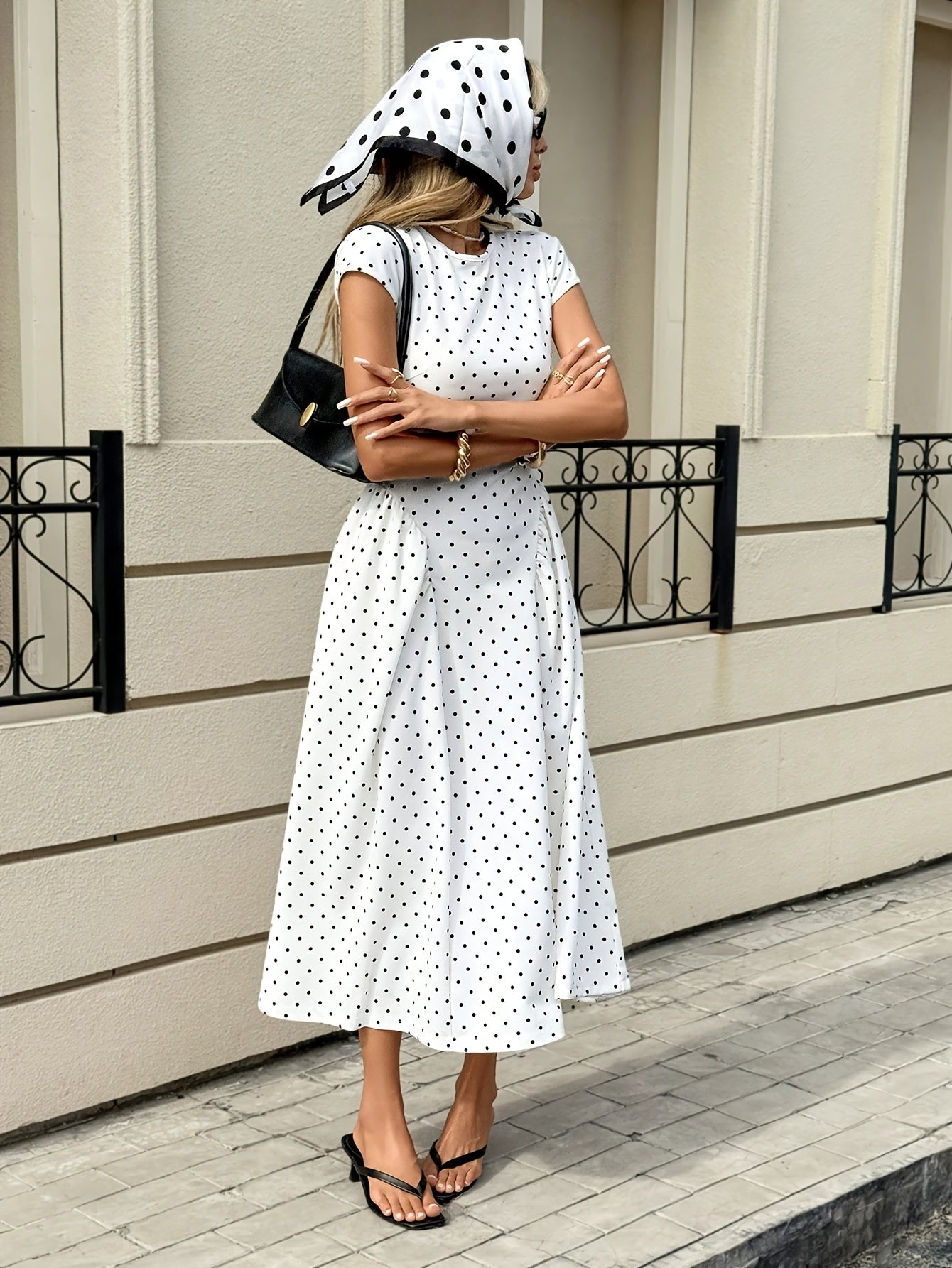 New Summer Women's White Polka Dot Short Sleeve Round Neck Midi Dress