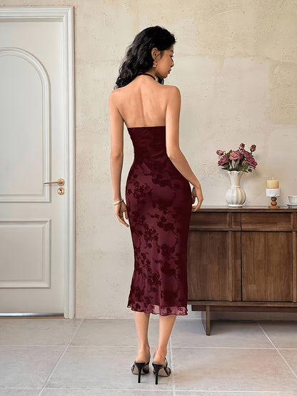 Midi Dress for Women Floral Flocked Tulle Backless Mesh Dress for Wedding Guest Events