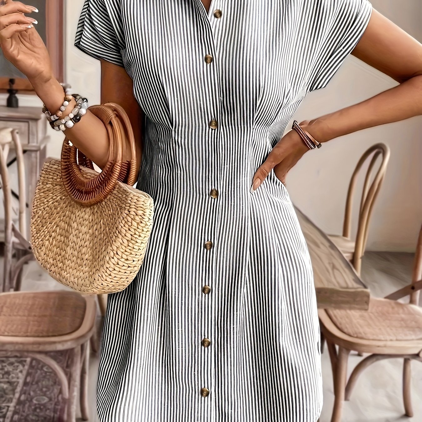 Striped Shirt Dress for Women – Short Sleeve, High Waist, Button Front A-Line