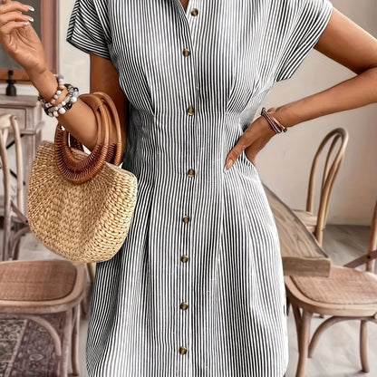Striped Shirt Dress for Women – Short Sleeve, High Waist, Button Front A-Line