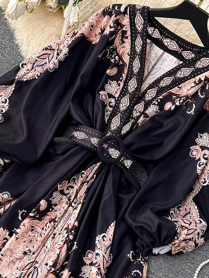 Women's Vintage Palace-Inspired Floral Print A-Line Dress with Lantern Sleeves & Adjustable Waist Tie - V-Neck Long Sleeve Loose Fit Maxi Dress for Spring/Fall, Machine Washable, Cute Dresses