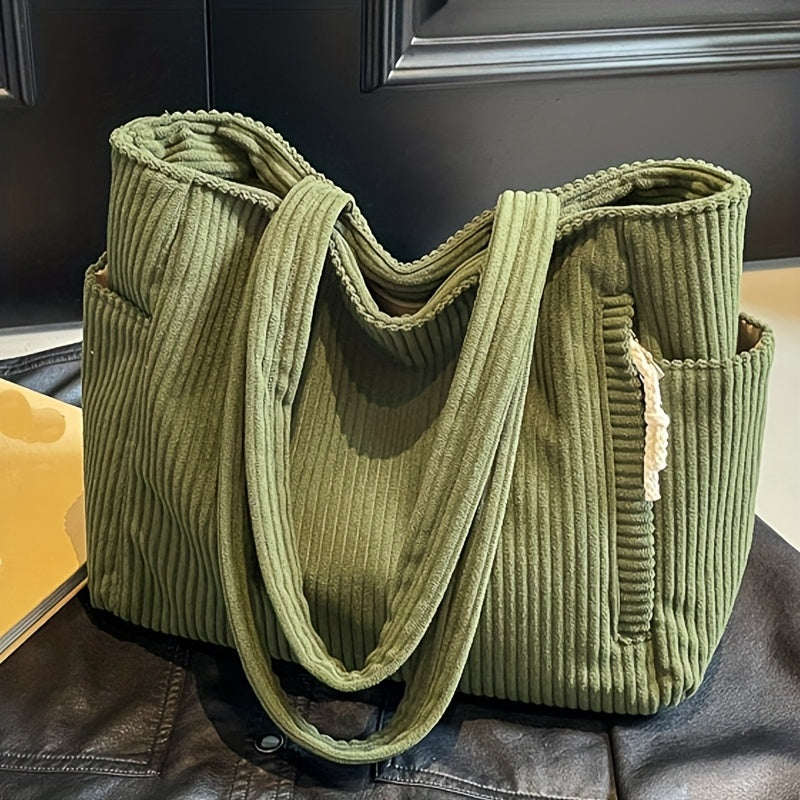 Corduroy Tote Bag for Women Multi Pocket Shoulder Bag for Commute Shopping Travel