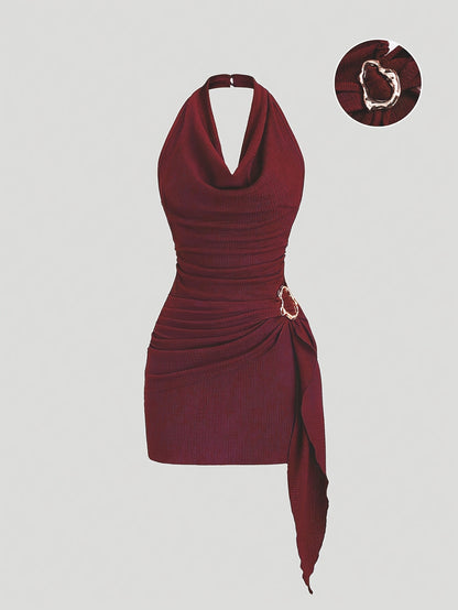 Party Dress for Women Draped Neckline Asymmetric Ruffle Dress with Metal Buckle