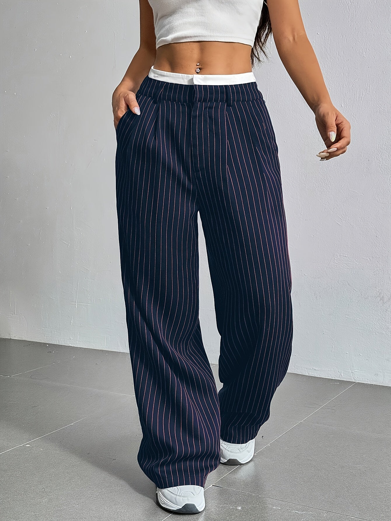 Early Autumn New Striped High-Waist Contrast Button-Closure Wide-Leg Suit Women'S Long Trousers