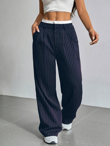 Early Autumn New Striped High-Waist Contrast Button-Closure Wide-Leg Suit Women'S Long Trousers