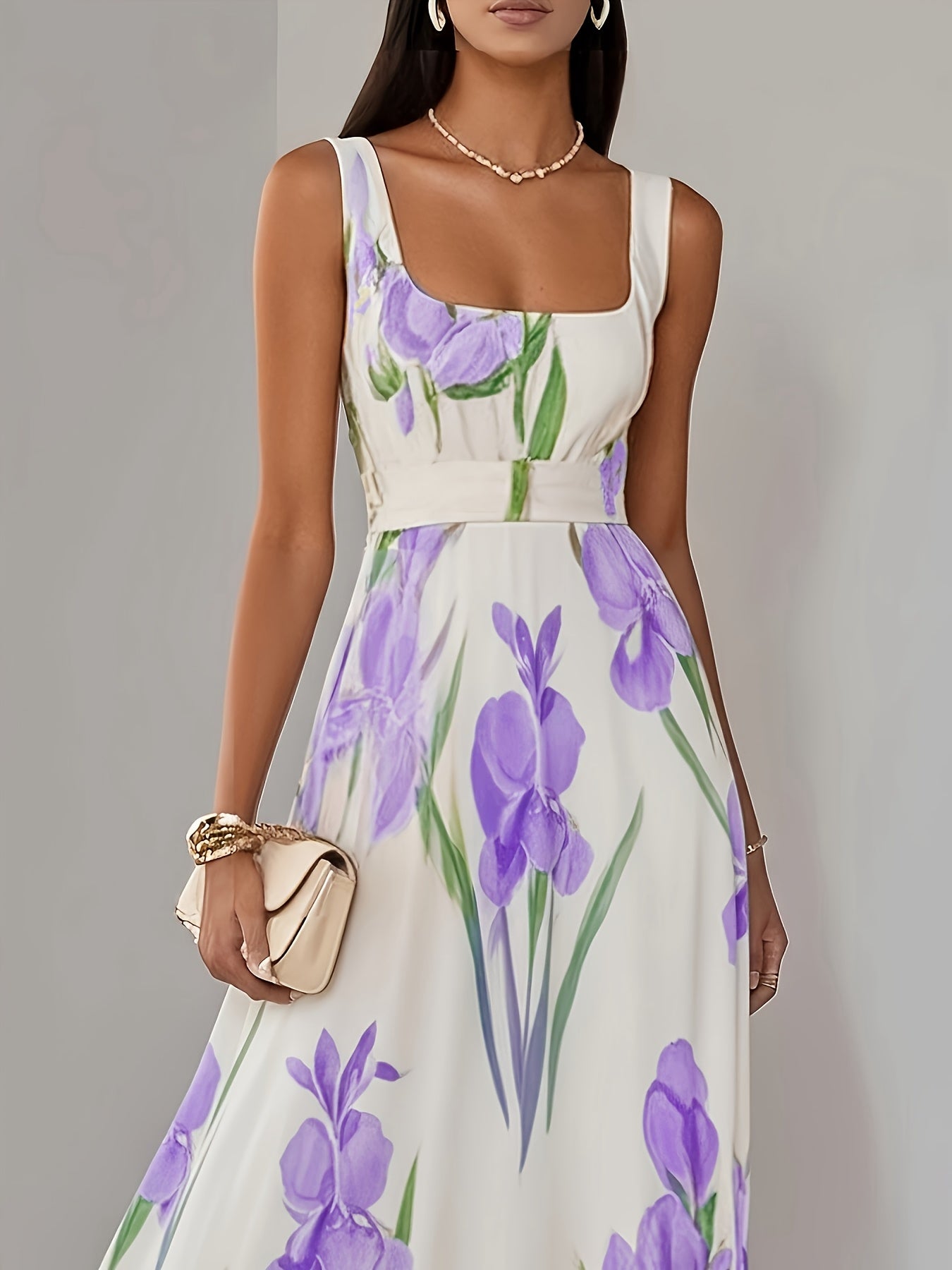 Elegant Women's Floral Print Square Neck A-Line Loose Fit Midi Dress, Suitable for Outings in Spring and Summer, Exquisite