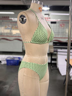 [Basic Design Bikini] Basic Design Bikini Set - Brown and White Polka Dot Triangle Top with Adjustable Ties, Low-Waist Bottoms - Simple Vacation Swimwear