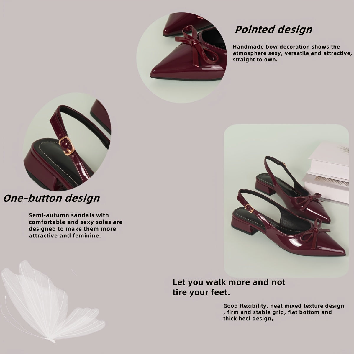 High Heel Sandals / Mid-Heel Red Closed-Toe Sandals / Fairy Shoes / New Style Bow Pointed-Toe Flat Shoes / Women Shoes