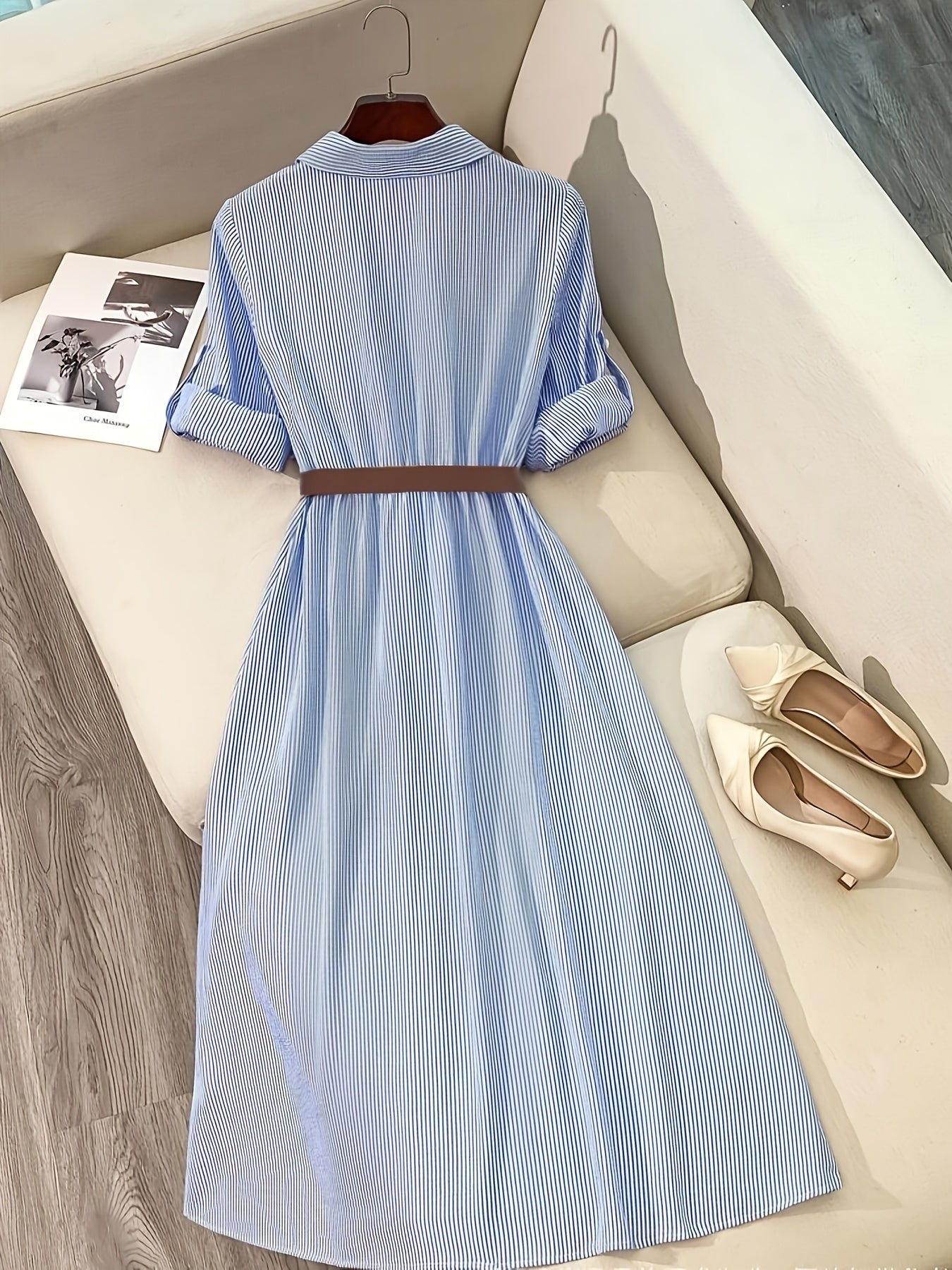 [Elegant Shirt Dress] Elegant Casual Women's Long Shirt Dress | Striped Long-Sleeve Single-Breasted Button Pocket with Belt