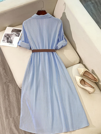 [Elegant Shirt Dress] Elegant Casual Women's Long Shirt Dress | Striped Long-Sleeve Single-Breasted Button Pocket with Belt