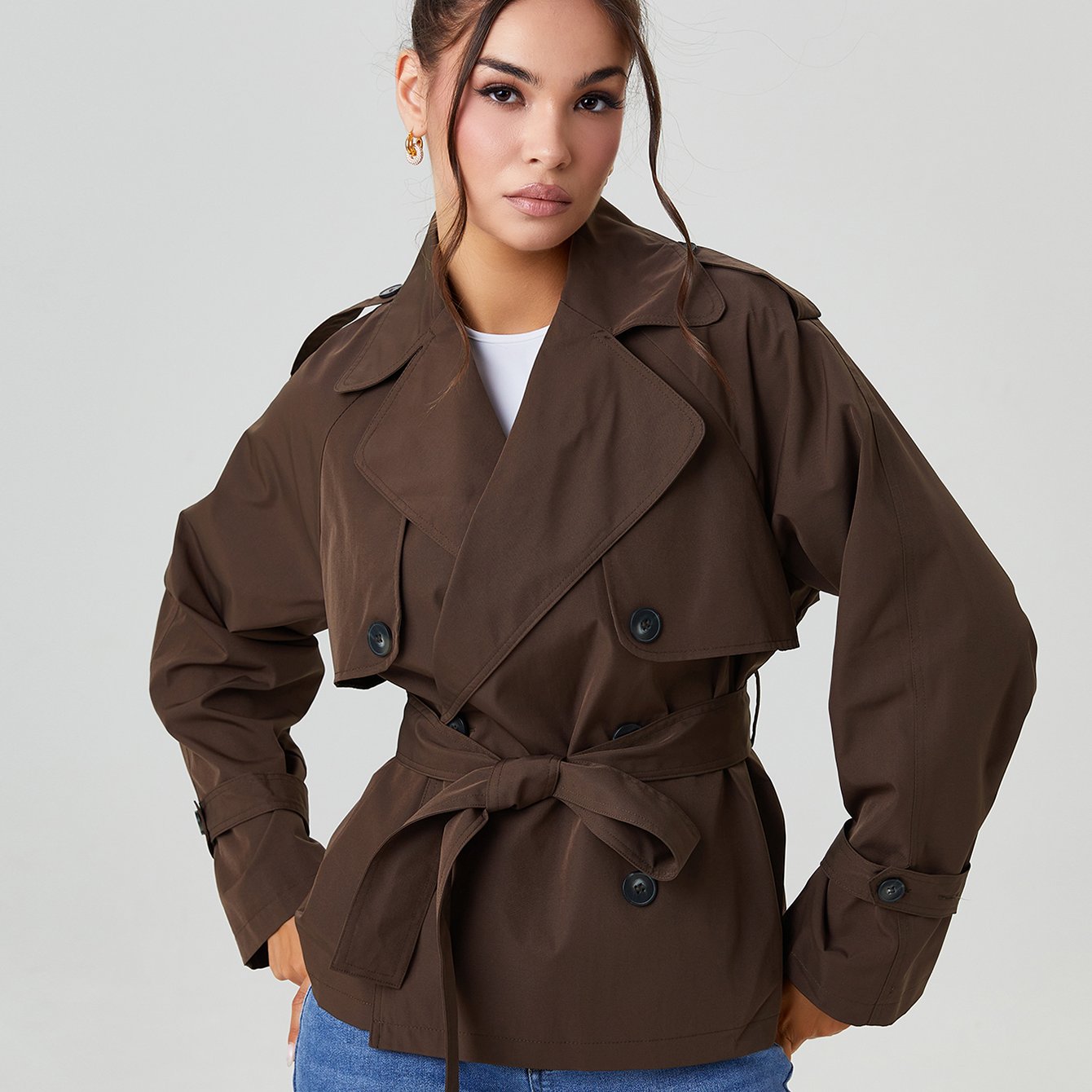 Trench Coat for Women Notch Lapel Double Breasted Belted Coat for Office Travel