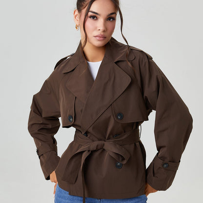 Trench Coat for Women Notch Lapel Double Breasted Belted Coat for Office Travel