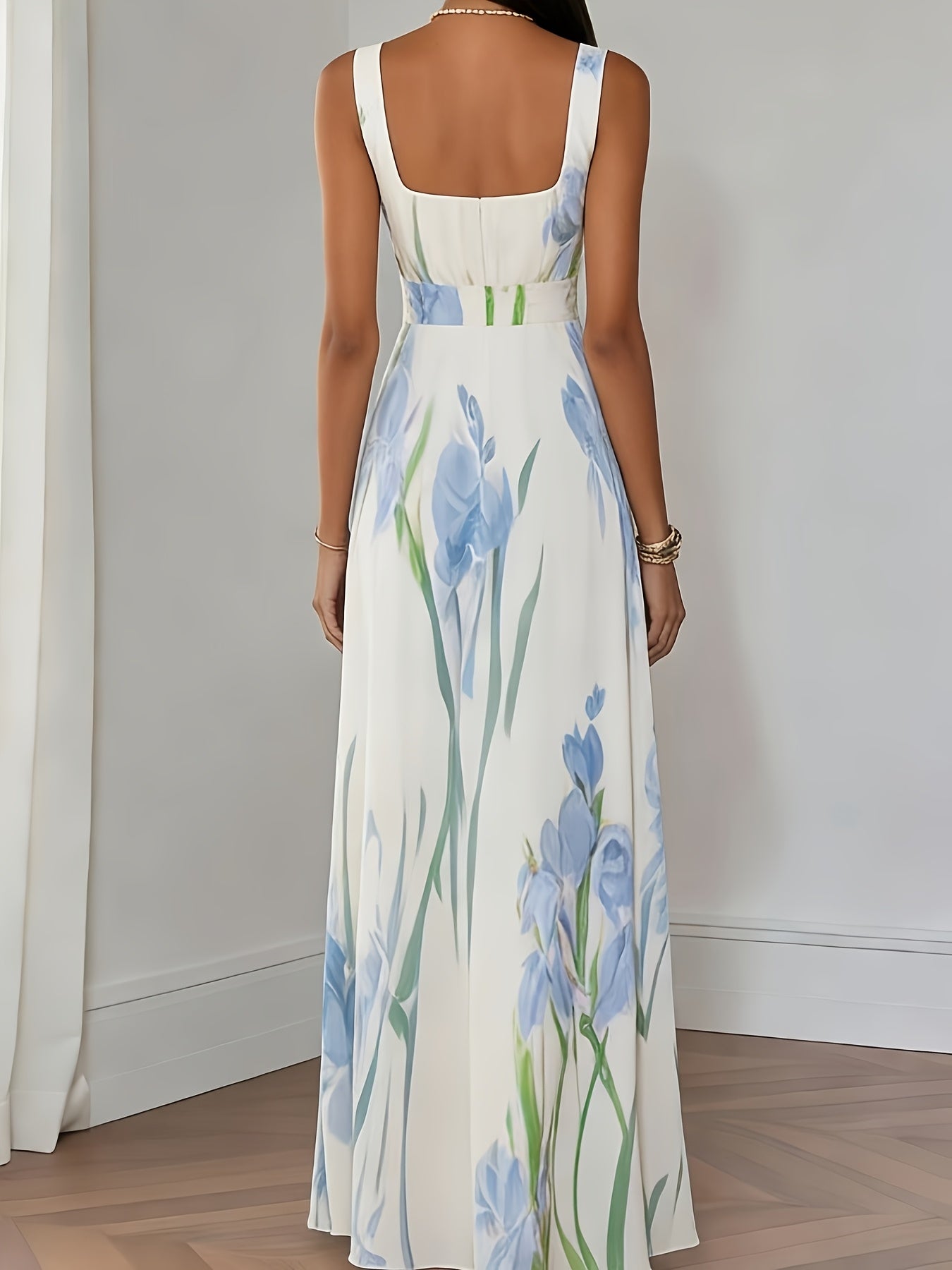 Elegant Women's Floral Print Square Neck A-Line Loose Fit Midi Dress, Suitable for Outings in Spring and Summer, Exquisite