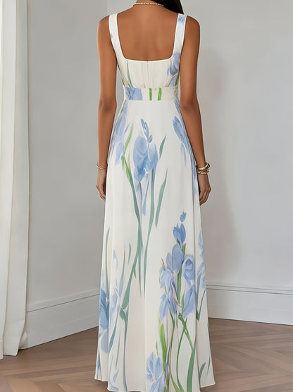 Elegant Women's Floral Print Square Neck A-Line Loose Fit Midi Dress, Suitable for Outings in Spring and Summer, Exquisite