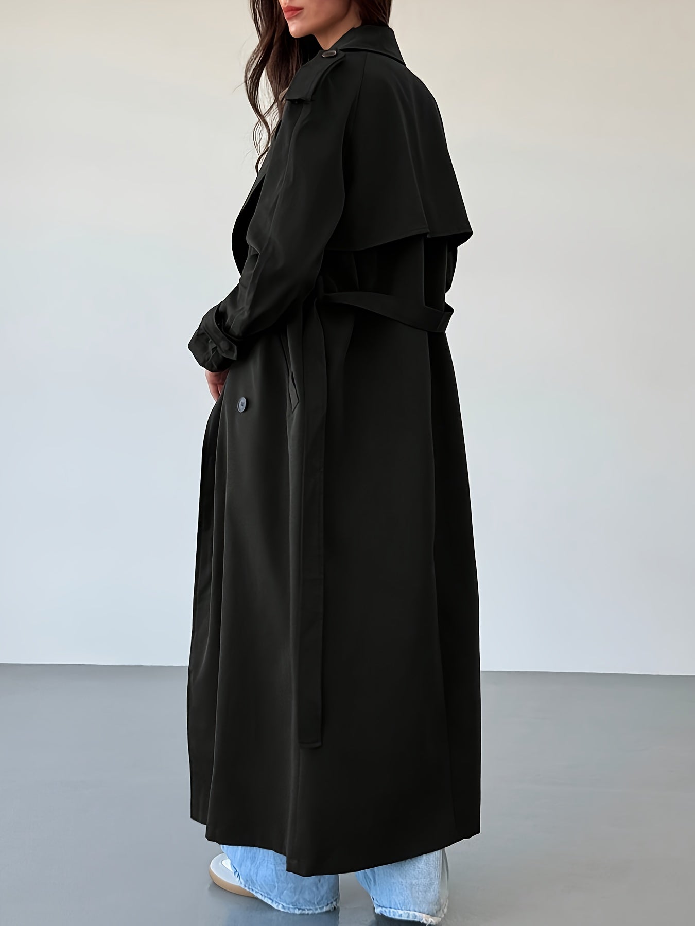 Trench Coat for Women Long Double Breasted Belted Coat for Commuting Autumn
