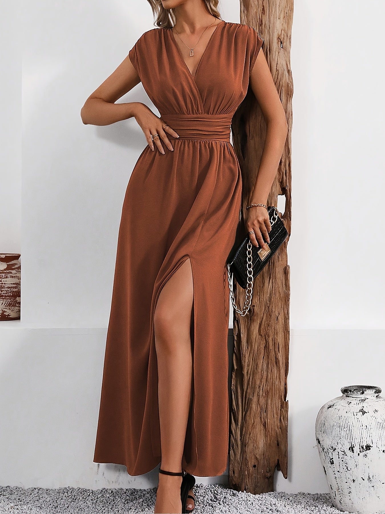 Elegant V-Neck -Line Maxi Dress Suitable for Weddings, Parties & Daily Wear - Machine Washable Solid Color Dress with V-Neck Collar, Flattering Fit for Events & Casual Occasions (Year-Round Wear)