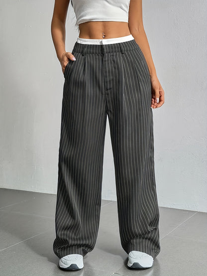 Early Autumn New Striped High-Waist Contrast Button-Closure Wide-Leg Suit Women'S Long Trousers